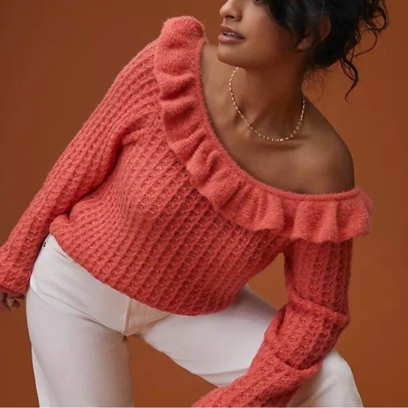 NWOT Anthropologie hot pink off the shoulder ruffled sweater - Picture 1 of 7